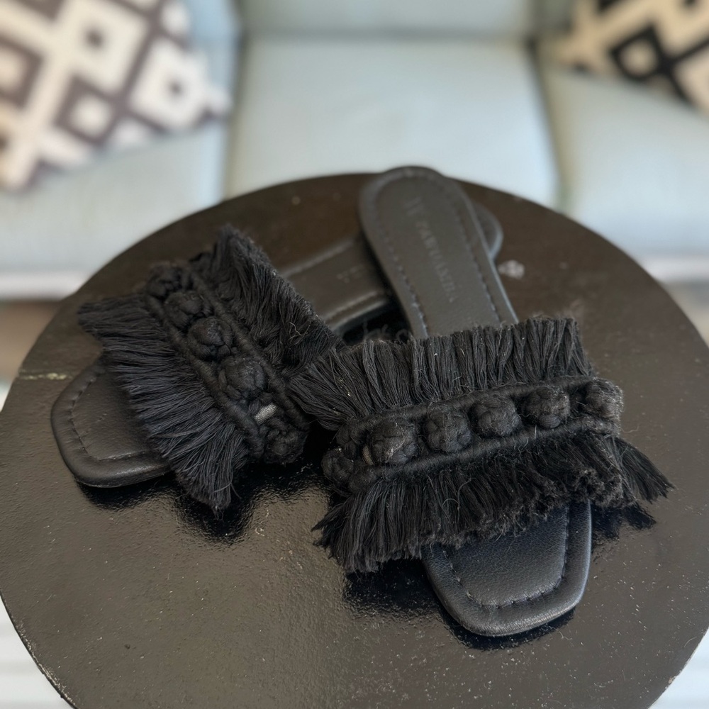 Pawuamba Sisal Negro Black Fringe Slide Sandals - 8 or 25